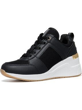 Women's Black Lightweight Lace-Up Wedge Chunky Platform Design Fashion Sneakers